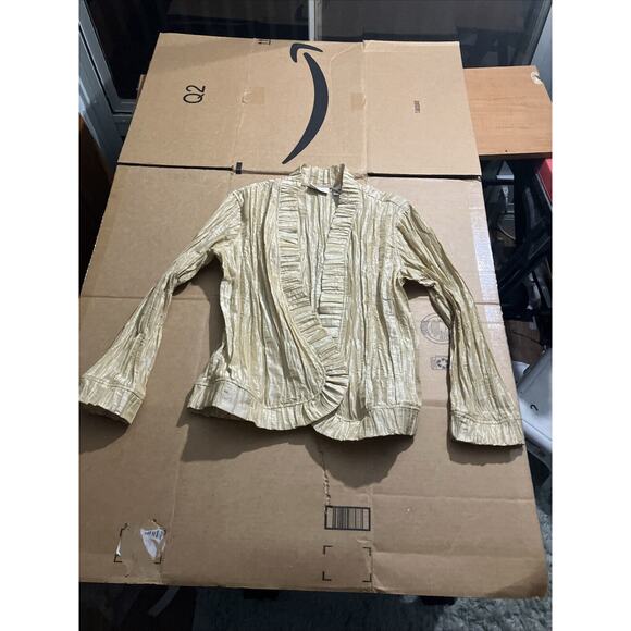 Chico's Gold Stardust‎ Ruffle Jacket, Royal Rhea Open Front, Women's Size 2 - Picture 1 of 8